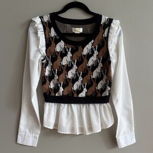 Maeve Black and Brown Pattered Sweater/Blouse with White Sleeves